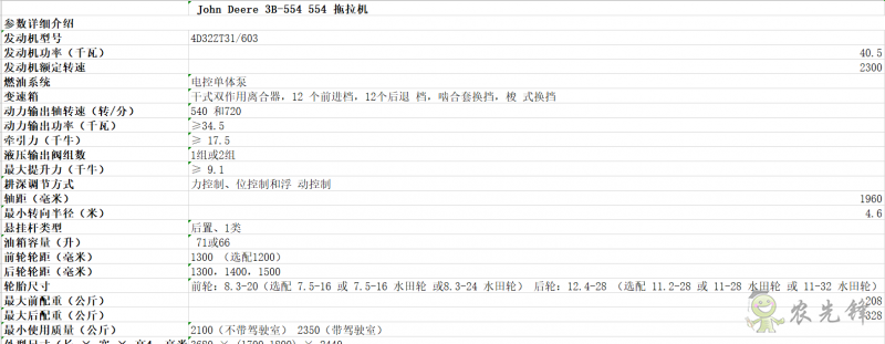 3B-554拖拉机详细参数 智能化农机设备_约翰迪尔